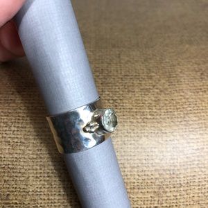 Used silver wide band ring with green amethyst stone (bezel set). Size 7.5